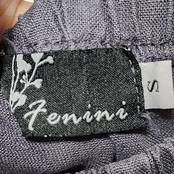 Fenini Purple 100% Linen Elastic Waist Mesh Hem Tie Crop Pants - Picture 6 of 7